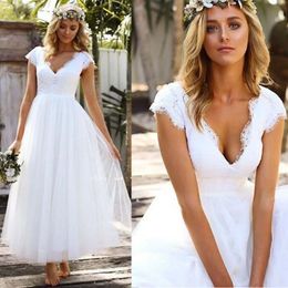 Vintage Ankle Length Short Wedding Dresses Lace Tulle Modest Cap Sleeve V Neck Bohemian Beach Garden Bridal Gowns 2019