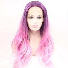 Long Natural wave Purple Ombre Pink Synthetic Lace Front Wig for women Gueless Heat Resistant Synthetic Hair Wigs