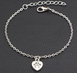 2020 New Dog Paw Prints Heart Charms Bracelet Antique Silver Bracelet DIY Handmade Link Chain Bracelet For Women