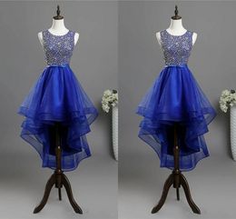 Royal Blue Hi Lo Homecoming Short Prom Dresses 2020 Beaded Sequin Jewel Cap Sleeve Tulle Cocktail Party Graduation Formal Dress Gowns Cheap