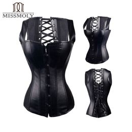 Miss Moly Black Leather Steampunk Women Steel Boned Gothic Corsets Zip Lace Up Waist Trainer Overbust Corset Unnderbust Bustier