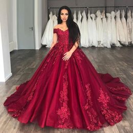 Saudi Arabia Evening Dresses sweetheart 2019 Sexy Off Shoulder Ball Gown Formal Prom Party Gowns With Applique Lace Red Robe de soiree