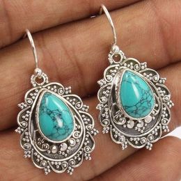 Vintage Boho Jewellery Women 925 Sterling Silver Natural Turquoise Teardrop Earring Retro Engagement Wedding Party Long Drop Dangle Earrings