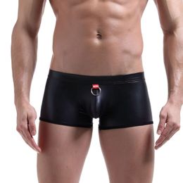 Mens Underwear Boxer Imitation PU Leather Rings Sexy Gay Black Panties Boxershorts Men Boxers Pouch U Convex Underwear Boxer Homme