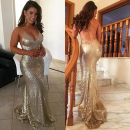 New Sparkling Gold Sequins Mermaid Formal Evening Gowns Halter Backless Sweep Train Prom Party Bridesmaid Dresses