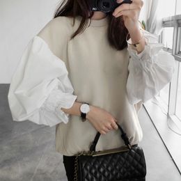 Fashion-Luxury Hoodie Autumn Fashion New Round Neck Lantern Sleeve Women 'S Split Joint Short Sweatshirt Japan and South Korea Tops
