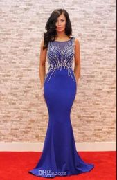 Modest Royal Blue Prom Party Dresses Mermaid Heavy Crystal Satin Red Carpet Evening Gowns Hot Sale 2019 Custom Made 555