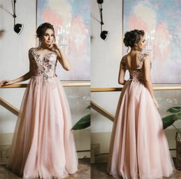 Hot Sell 2020 Pink A-line Evening Dresses Jewel Sleeveless Appliqued Lace Custom Made Prom Dress Sweep Train Ruched Long Party Gown Cheap