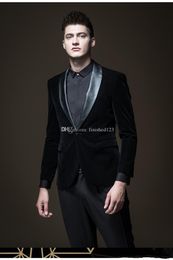 Handsome Back Vent One Button Black Velvet Wedding Groom Tuxedos Shawl Lapel Groomsmen Men Suits Prom Blazer (Jacket+Pants+Tie) NO:1876