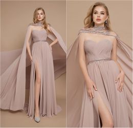 Split High Side Chiffon Prom Dresses with Cape Sweetheart Beading Evening Sweep Train Formal Party Second Gowns