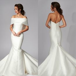 elegant mermaid wedding dresses off shoulder covered button sleeveless satin bridal gowns sweep train robes de marie