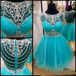New Crew Neck Hunter Tulle Mini Homecoming Dresses Beaded Stones Party Short Graduation Cocktail Prom Dresses