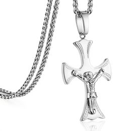 Fashion- Stainless Steel Jesus Cross Pendants & Necklaces Men Women Silver Statement Link Chain Colar Christ Jewellery Gifts MN123