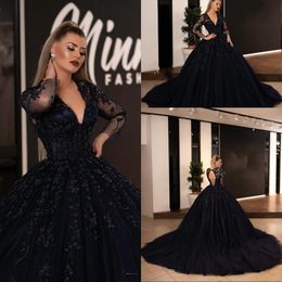 Sexy New Navy Blue Ball Gown Evening Dresses Wear V Neck Lace Appliques Crystal Beads Long Sleeves Sweep Train Formal Party Dress Prom Gowns