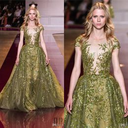 Zuhair Murad Overskirt Evening Dresses With Short Sleeves Sheer Plunging Neck Sequined Prom Gowns Floor Length Formal Dress