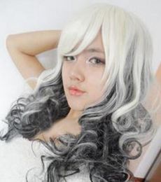 FREE SHIPPIN + + + New wig Heat Resistant Cosplay Mixed color black and white curly wig