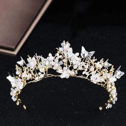 Bohemian Baroque Light Gold Butterfly Crown Flowers Wedding Prom Tiara Headband Headpieces Brides Hair Accessories Hairband