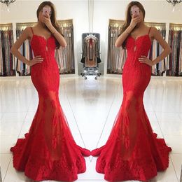 Red Lace Mermaid Prom Dresses Spaghetti Straps Tulle Applique Illusion Sweeptrain Formal Party Evening Gown For Black Girls