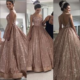 2020 New Sexy Rose Gold Ball Gown Sequins Backless African Evening Dresses Wear Spaghetti Straps Sequined Formal Prom Dress Party Gowns