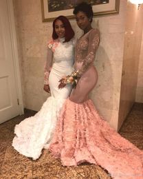 African Pink Mermaid Prom Dresses Black Girls Long Sleeves Beads Lace Handmade Flowers Party Gowns Open Back Evening Dresses DH4013