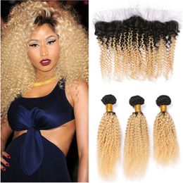 Blonde Ombre Kinky Curly Human Hair Bundles with Frontal Brazilian Kinkys Curly #1B 613 Ombre Weaves Human Hair 3Bundles with Lace Frontal