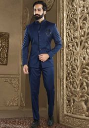 Custom Made Groomsmen Mandarin Lapel Groom Tuxedos Navy Blue Men Suits Wedding/Prom/Dinner Best Man Blazer ( Jacket+Pants+Tie) G199