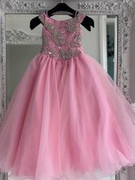 Pink Children's Pageant Dress 2024 Crystals Rhinestones Long Little Girl Pageant Gowns Organza Kids Formal Party Wear Dress Off the Shoulder Fun Fashion Runway