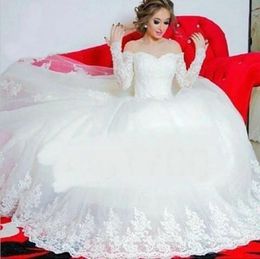 -Белый простой с длинным рукавом шарикового платья кружева возлюбленные секс фото свадебное платье Дубай регулируемое свадьба на плече