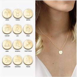 Simple 12 zodiac Sign Pendant necklace For Gold Silver Rose Gold coin constellation charm chains Fashion Jewelry in Bulk