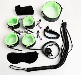 8pcs Bondage Handcuff Set Bed Restraint Collar Cuffs Gag Whip Flogger eye mask ankle fun A45