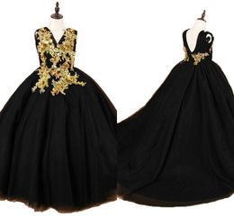 Black Gold Girls Pageant Dresses Crystal Beaded Applique V-neck Tulle Flower Girl Dresses First Holy Communion Dress 2019 Toddler Party