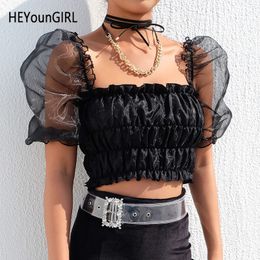 HEYounGIRL Mesh Puff Sleeve Crop Top T Shirt Women Sexy Backless Tee Shirt Woman Black Elegant Vintage Tshirt Harajuku Summer