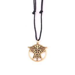 Antique Gold Caduceus Pentagram Pendant Winged Staff With Snakes Medical Symbol Adjustable Rope Men and Women's Necklace