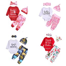 Children's Clothing Spring Autumn Female Baby Printed Pants Clothes 19 Ddsign Clothing Sets 1Set=Rompers+pants+headband+hat