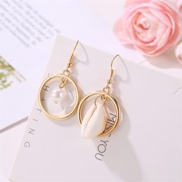 European and American Asymmetrical Beach conch Dangle Earrings For women Round shell Faux Pearl Drop Earrings Fashion Jewellery Gift