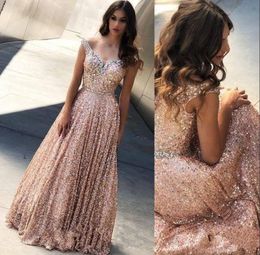 New Cheap Rose Gold Sparkly Sequined Evening Dresses Wear V Neck Off Shoulder A Line Beaded Floor Length Plus Size Party Dress Prom Gowns