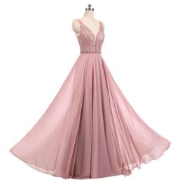 New Sexy 2019 Real Blush Pink Prom Dresses V Neck Sleeveless Beads A Line Long Chiffon Formal Dresses Evening Wear Party Gown Mother QC1312