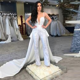 Unique Country Jumpsuits With Long Lace Appliqued Detachable Train Bridal Gowns Sheer Neck Satin Wedding Dress 0505