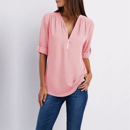 Wholesale Women Chiffon Beach Blouse Roll-Up Sleeve Sexy V Neck Zipper Casual T Shirt Loose Top