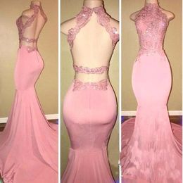 Blush Pink 2018 African Mermaid Prom Dresses Sequined Lace Applique Beaded Backless Sweep Train Arabic Evening Party Gown robe de soiree