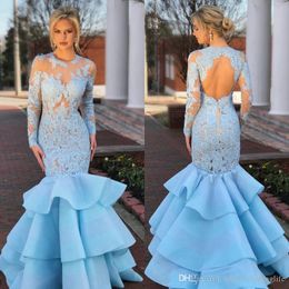 Sexy Sky Blue Lace Evening Dresses Mermaid Long Sleeve Ruffles Open Back Formal Party Gowns Prom For Women Robe De Soiree