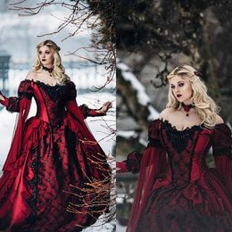 Gothic Sleeping Beauty Princess Mediaeval Burgundy Black Wedding Dresses Long Sleeve Lace Appliques Bridal Gowns Victorian Masquerade Party