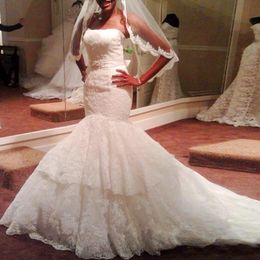 Simple Mermaid Wedding Gowns With Sash Ribbons Layers Lace Wedding Dresses Count Train Princess Bridal Dress Cheap