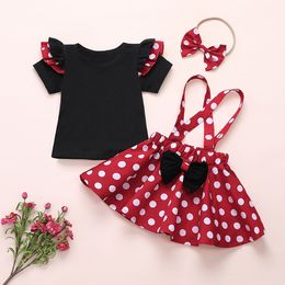 Cute Dot Valentine's Clothes Toddler Baby Girls Short Sleeve T-shirt Tops+bow Polka Dot Suspender Skirt+headband Girl Outfits