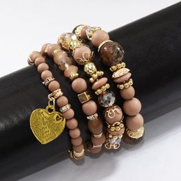 4Pcs/Set Bohemian Acrylic Beaded Bracelets with Heart Pendant Women Charm Party Jewellery Gift