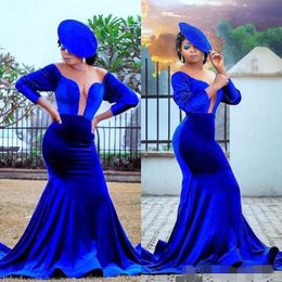 Blue 2020 Royal 3/4 Long Sleeves Evening Dresses Sheer Neck Illusion Plunging Mermaid Sweep Train Custom Made Plus Size Prom Party Gowns