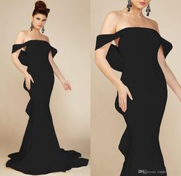 New Fashion Sexy Black Mermaid Evening Dresses Satin Off Shoulder Ruffles Bow Sweep Train Prom Dress Formal Dress Evening Gowns Party Gowns
