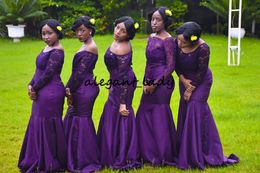 -Рытье Demoiselle d'honneur с длинным рукавом русалка платья подружки невесты фиолетовые лодки шеи кружева младший формальное платье для свадьбы