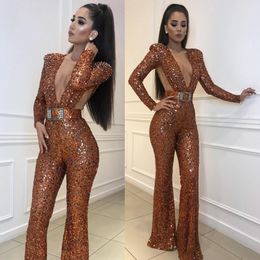 Dubai Arabic Sexy Prom Dresses Women Jumpsuits Sparkly Sequins Beaded Floor Length Evening Gowns Plus Size Party Celebrity Dress