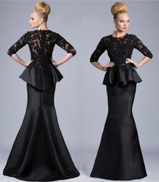 All Size Mother Of The Bride Dresses Mermaid Jewel Neck 3/4 Sleeves Lace Appliques Beaded Peplum Plus Size Party Dress Black Evening Gowns